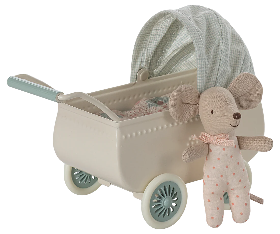 Kinderwagen mit Babymaus - Minze, Maileg