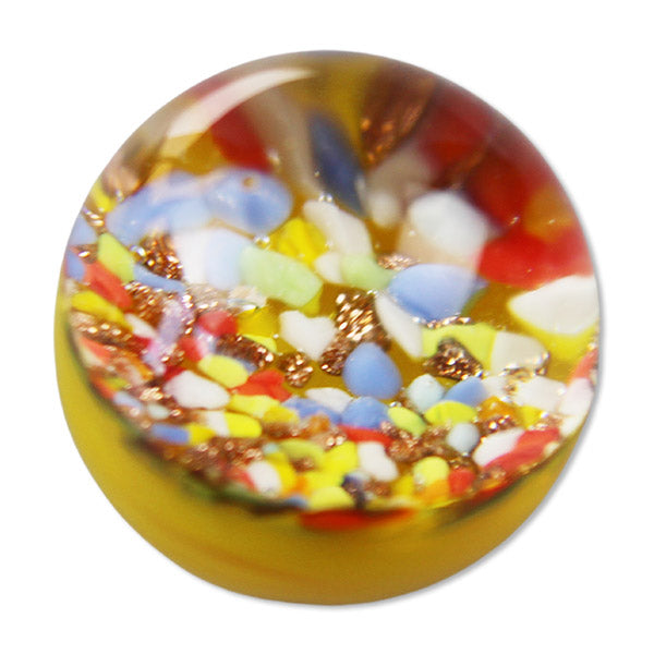 Kraftmurmel aus Muranoglas (gelb mit Konfetti-Steinchen) 25mm, in hochwertigem Stoffbeutel mit Stickerei