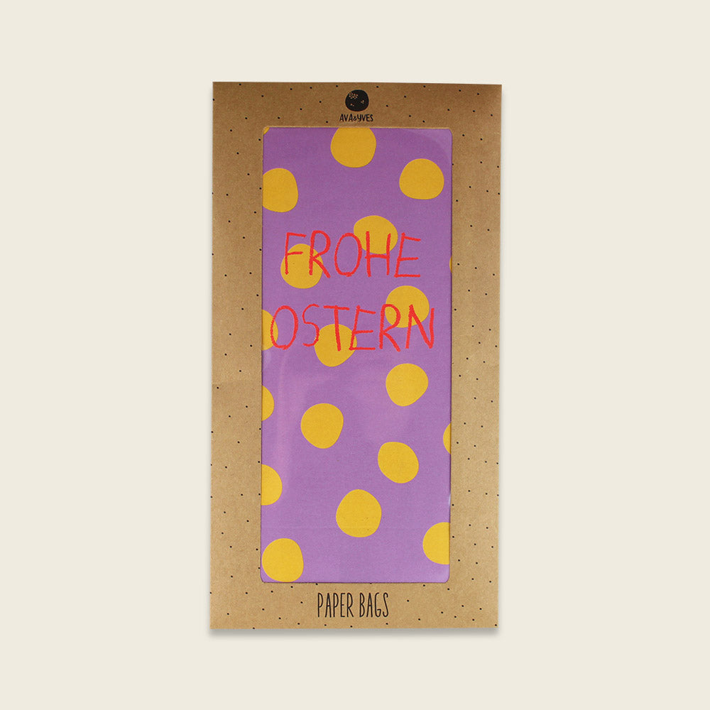 Papiergeschenktüte Punkte gelb/flieder – Frohe Oster, Ava & Yves
